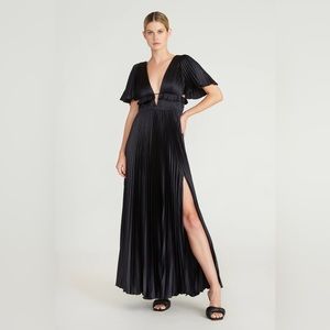 AMUR Pleated Satin Gown With Deep V Neckline And Cape Sleeves - Navy; Size 10
